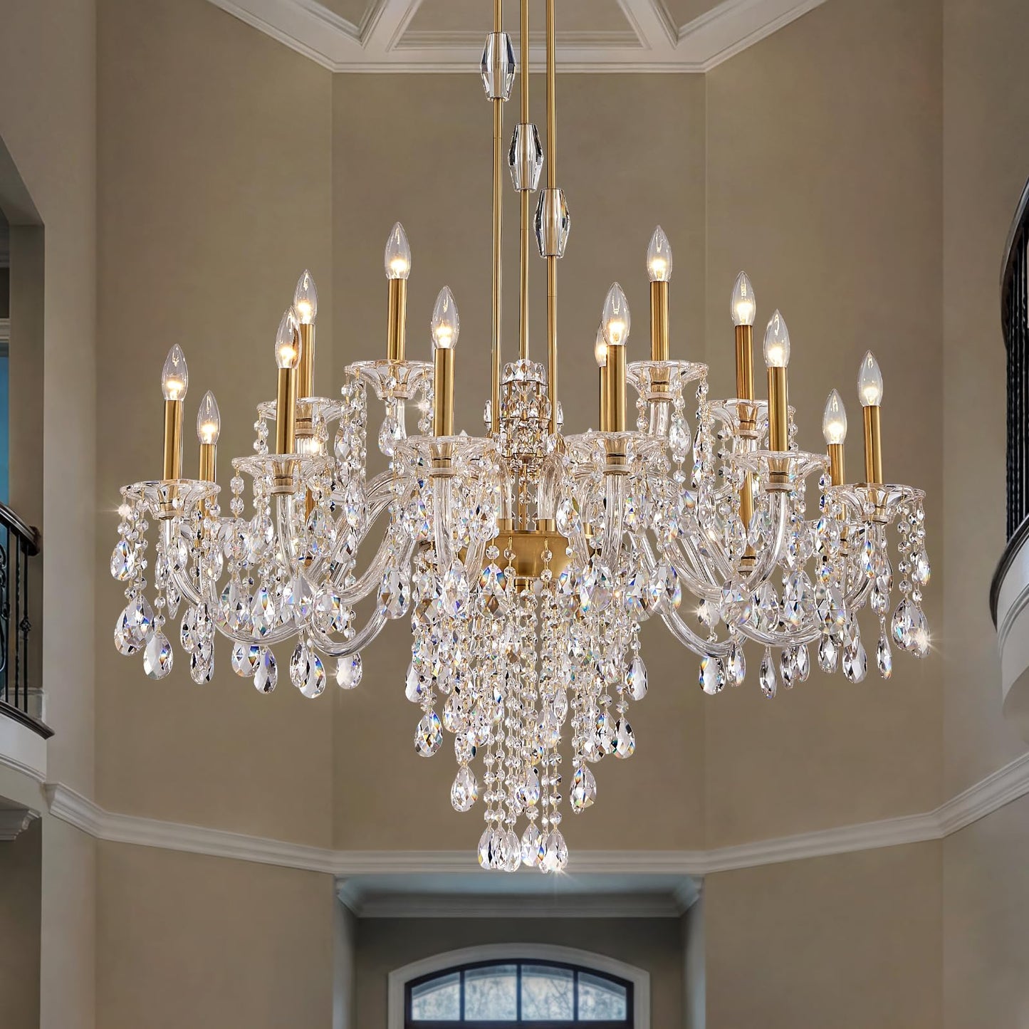 Duluyiee 18-Light Crystal Candle Chandelier, Brass Gold Chandelier for Foyer, Staircase & High Ceiling Living Room, Adjustable Height, E12 Base
