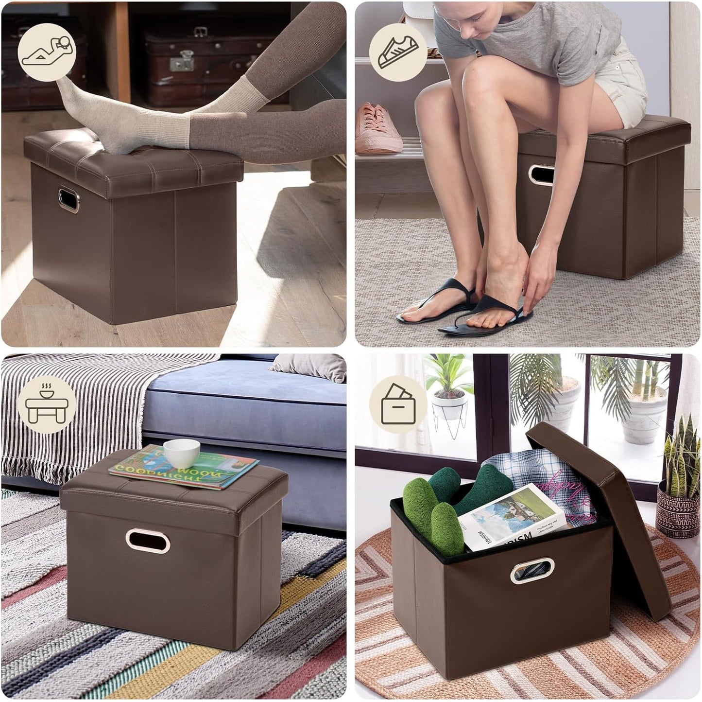 17x13x13in COSYLAND Ottoman with Storage Folding Leather Ottoman Footrest Foot Stool Brown Ottoman for Rooms Small