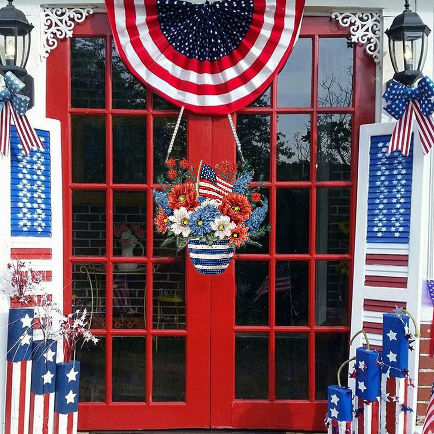 DOMROM 4th of July Diamond Art Hanging Kits, Patriotic Flower Vase Diamond Painting, Special Shaped Gem Art Suncatchers Ornament, American Flag Independence Day Decor for Home Window Wall