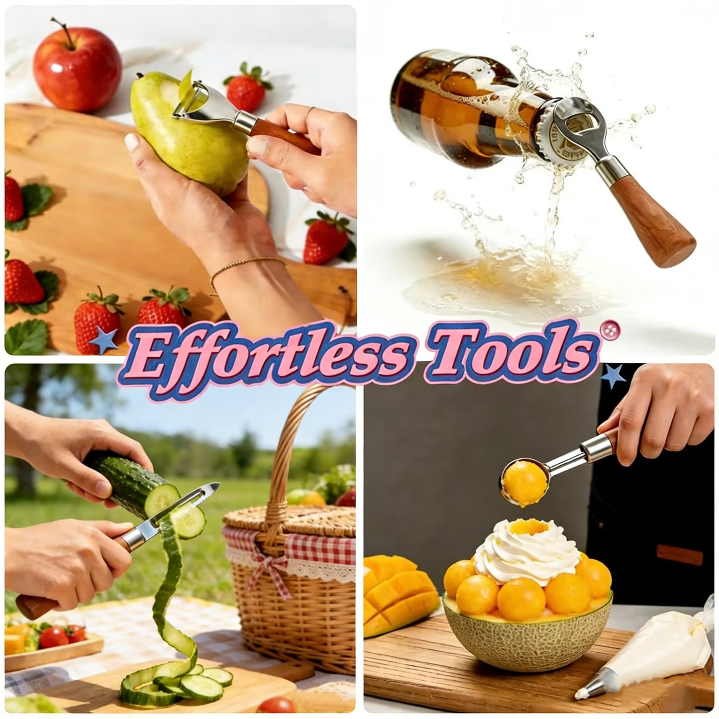 HIFIND 8PCS Stainless Steel Kitchen Gadget Set with Wood Grain Handles - Round Bottle Opener, Straight/Y Peelers, Fruit Scoop, Fruit Corer, Fruit Corer, Fruit Scaler, Cheese Spatula, Dough Cutter