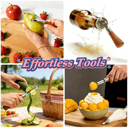 HIFIND 8PCS Stainless Steel Kitchen Gadget Set with Wood Grain Handles - Round Bottle Opener, Straight/Y Peelers, Fruit Scoop, Fruit Corer, Fruit Corer, Fruit Scaler, Cheese Spatula, Dough Cutter
