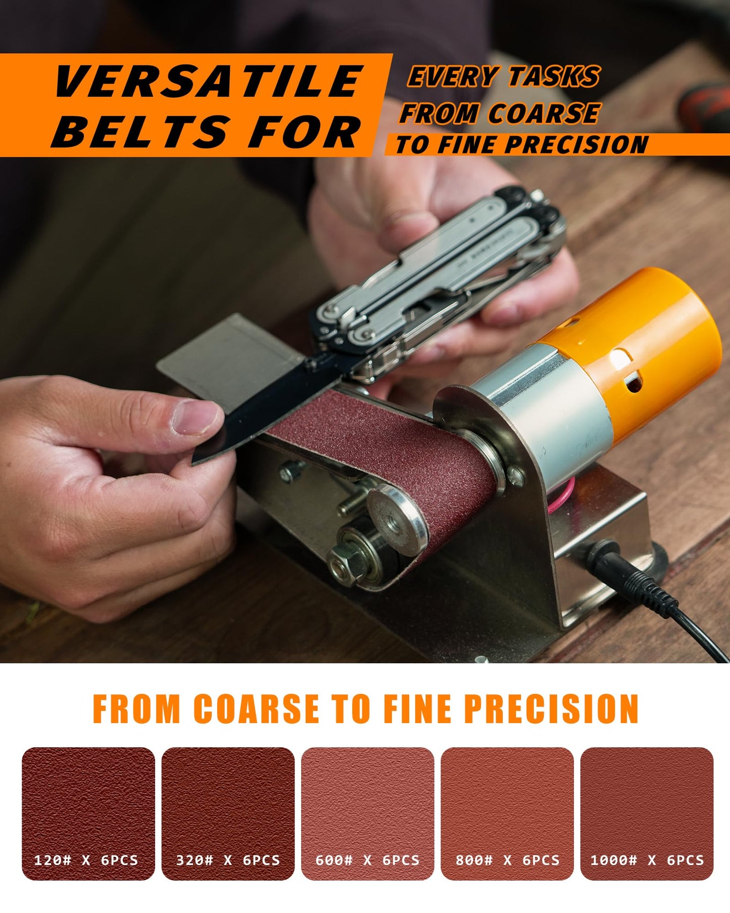 Mini Belt Sander, Electric Small Sander Knife Making Supplies, 7 Adjustable Speed Electric Knife Sharpener, Power Belt Grinder for Woodworking, Metal Working DIY (6.5'' x 6.8'' x 4.8'')