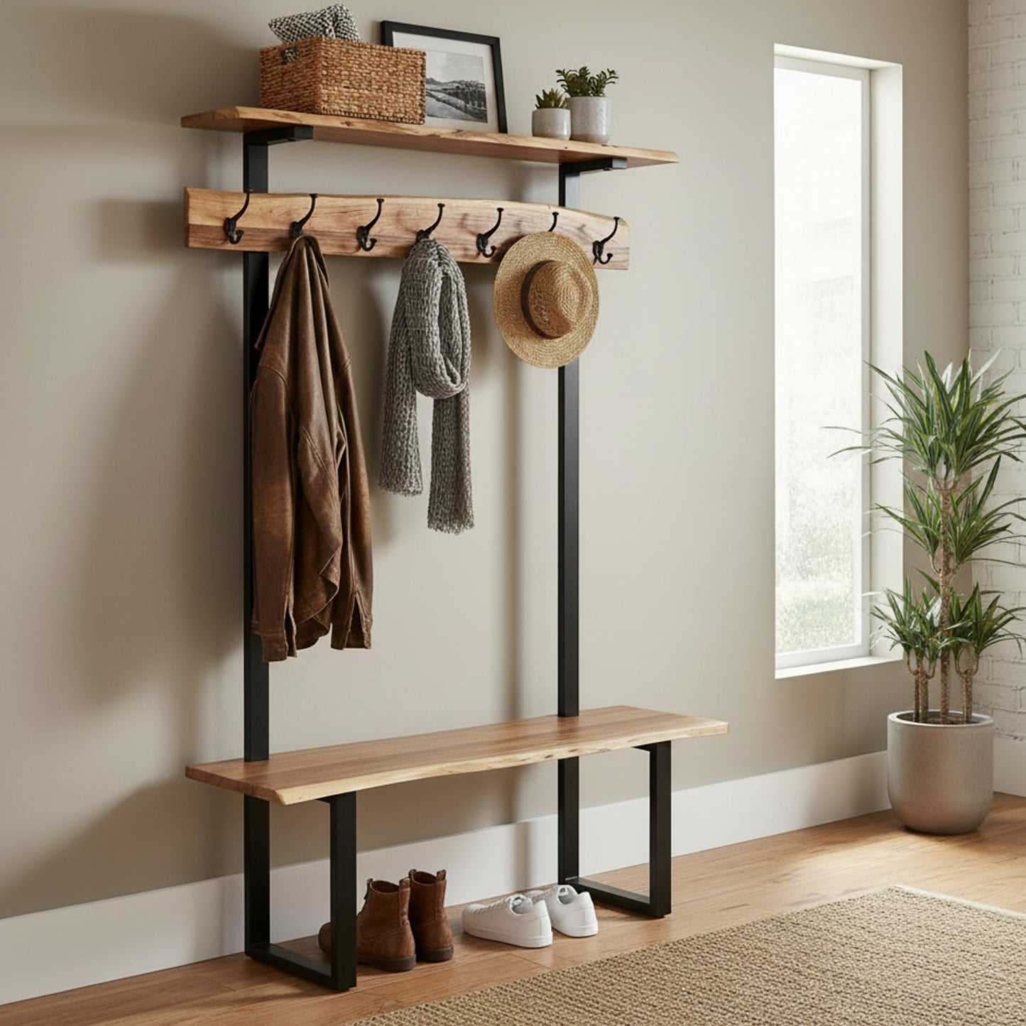 Alpine Live Edge Hall Tree with Bench and Coat Rack – Modern Rustic 48-Inch Solid Wood Entryway Organizer with Shelf, 7 Double Coat Hooks, & Bench for Mudroom or Foyer by Alaterre Furniture (Natural)