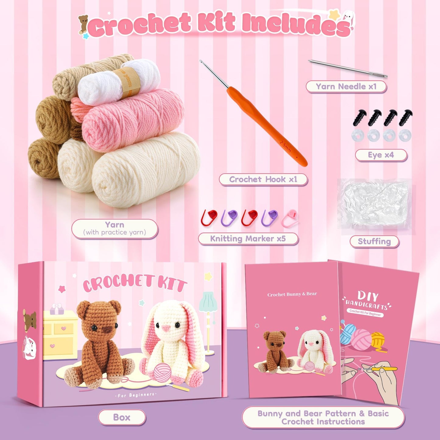 Crochet Kit for Beginners, Bunny and Bear Crochet Kit with Step-by-Step Video Tutorials, Bunny Crocheting Kit for Starter, Beginner Crochet Kit for Adult, Stuffed Animal Knitting Kit for Birthday