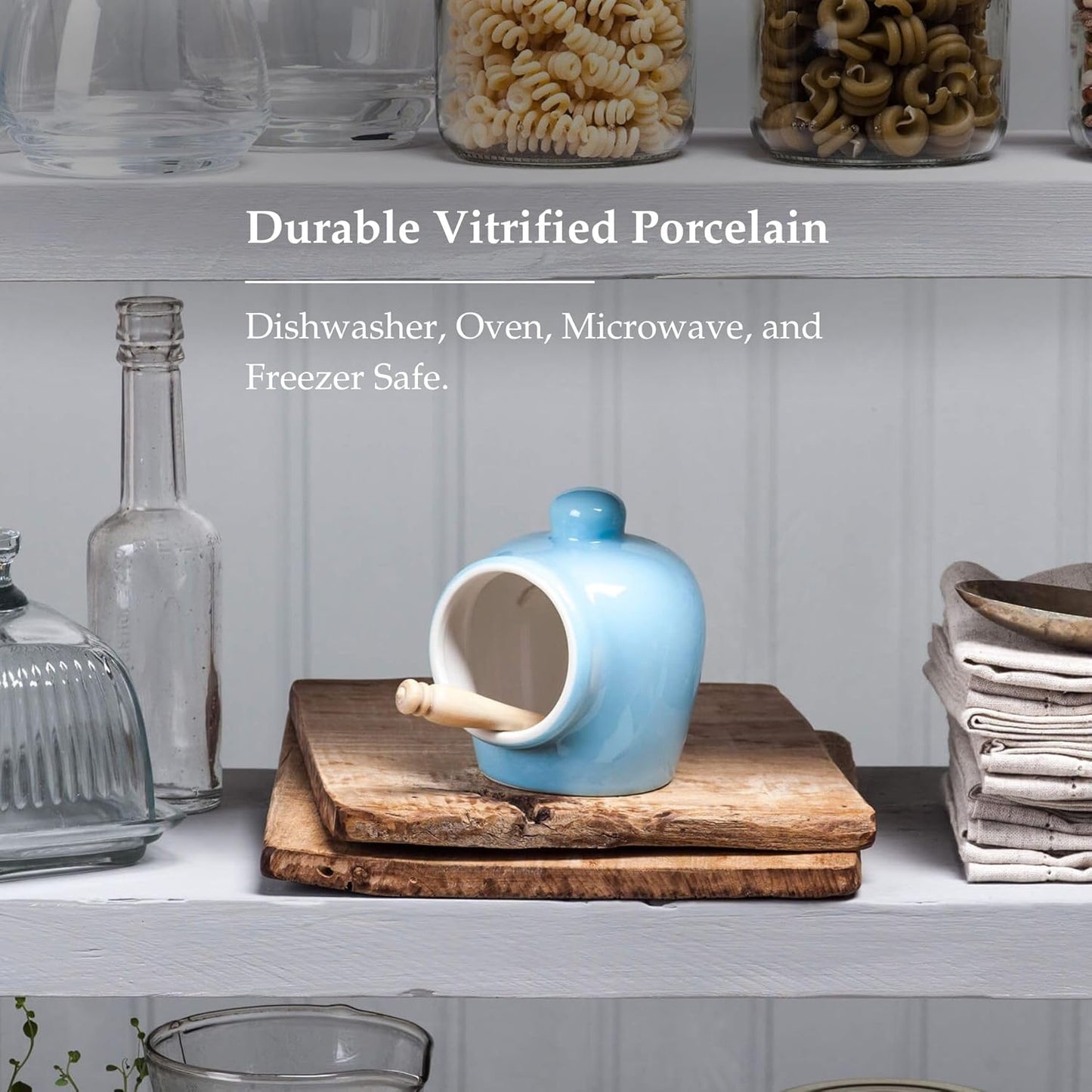 Wm Bartleet & Sons Traditional Porcelain Small Salt Pig, Blue, with Wooden Salt Serving Spoon