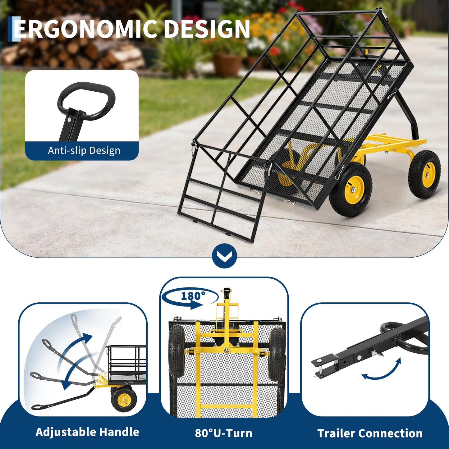 Patikuin 1500 lbs Heavy Duty Steel Garden Cart – Removable Mesh Sides – 13-Inch All-Terrain Wheels – Swivel Yellow Handlebar – Quick Dump – Folding Utility Yard Wagon for Soil, Tools, Plants – Black