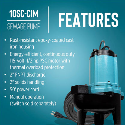 Little Giant 10SC-CIM, 115-Volt, 7200 GPH, 1/2 HP Manual Cast Iron Sewage/Effluent Pump (No Switch) with 2-Inch FNPT Discharge and 50-Ft. Cord, Blue, 511434