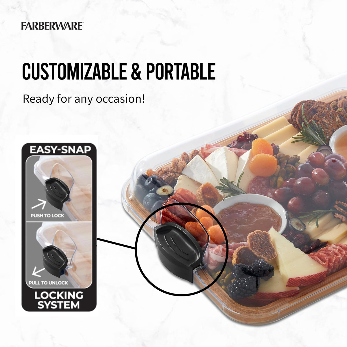 Farberware Build-A-Board Bamboo Cutting Board with Single Storage Compartment, Clear Locking Lid, Black Handles, Perfect for Charcuterie & Snacks