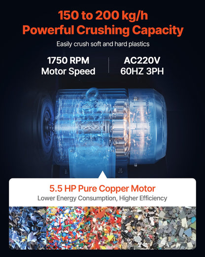 VEVOR Plastic Shredder Crusher, 5.5HP/4.0KW Plastic Grinder Granulator, 150-200kg/h Capacity Pulverizer Recycling Machine with Wheels, SDK-11 Blade & 8mm Mesh for PVC PTFE (220V 60Hz 3-Phase)