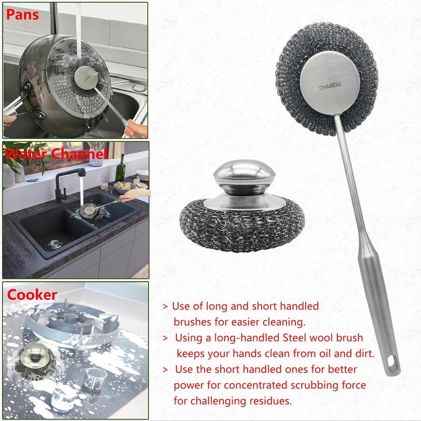 CHAXIDU Stainless Steel Wool Scrubber Set, Long Handle & Handle Brushes,Metal Brush for Pots, Pans, Grills & Cutlery Cleaning (3 Pack)