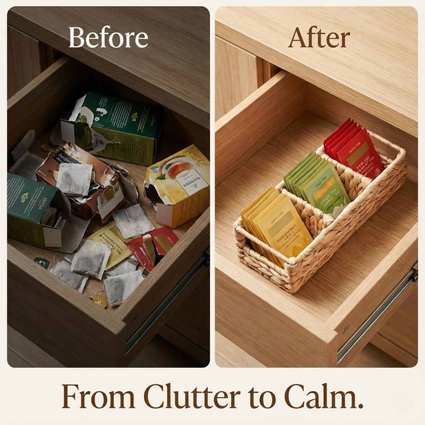 Tihoda Trovea Wicker Tea Organizer and Storage Box, 4-Compartment Water Hyacinth Tea Bag Holder for Tea Bar, Drawer, and Countertop Organization