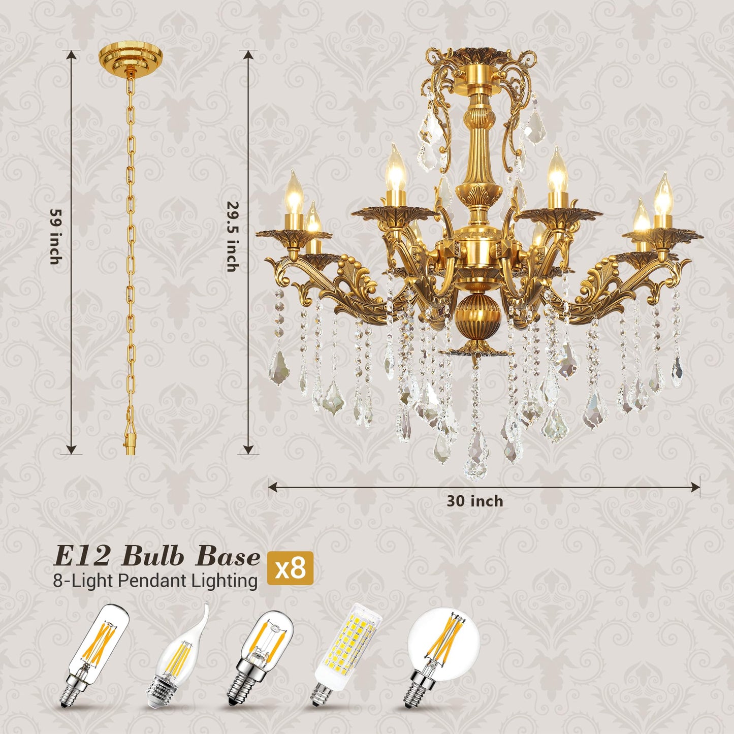 Luxury Copper Crystal Chandelier, 30" Vintage K9 Crystal Pendant Light with 8 Lights, Antique Brass Finish Ceiling Light Fixture with Scrolled Arms for Dining Room Living Room Foyer Villa Hotel