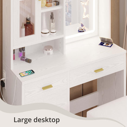 IRONCK Vanity Desk with Lighted Mirror and 5 Drawers and Cabinet Shelves, 74.4" Height Makeup Table Set with Stool, Large Storage and Space Saving, White
