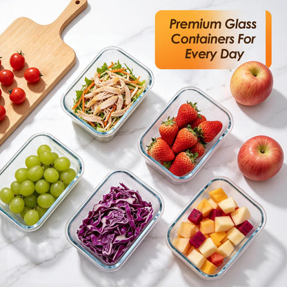 KEKEGO 5 Pack 36oz Glass Storage Containers with Lids, Glass Meal Prep Food Container Sets with Snap Airtight Lid for Microwave, Oven, Freezer and Dishwasher, Grey
