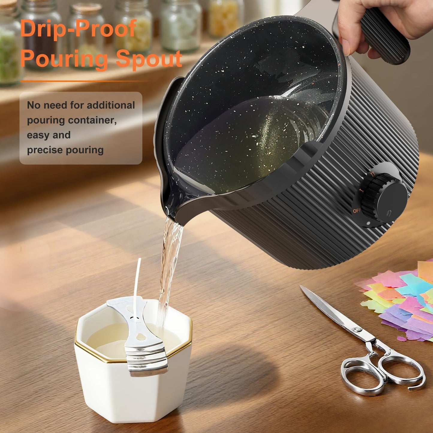 Candle Wax Melter with Pour Spout, Candle Making Kit for Adult Beginners, for Candle Making, Set Includes Wax Melting Pot, Stirring Spoon, Thermometer, Wick, Wick sticker and Centering Device - Black