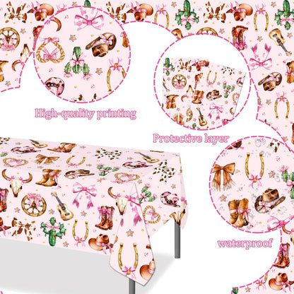 umoni Cowgirl Party Supplies Pink Western Cowgirl Tablecloth 2PCS Coquette Cowgirl Party Supplies Tablecover Disposable Wild West Guitar Bow and Boot Table Cover for Birthday Baby Shower Decor