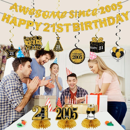 Kuxriox 11Pcs 21st Birthday Decorations Kit for Men Women, Black Gold Happy 21st Birthday Banner, Awesome Since 2005 Centerpieces Swirls Party Supplies, 21 Bday Banner Ceiling Table Topper Sign