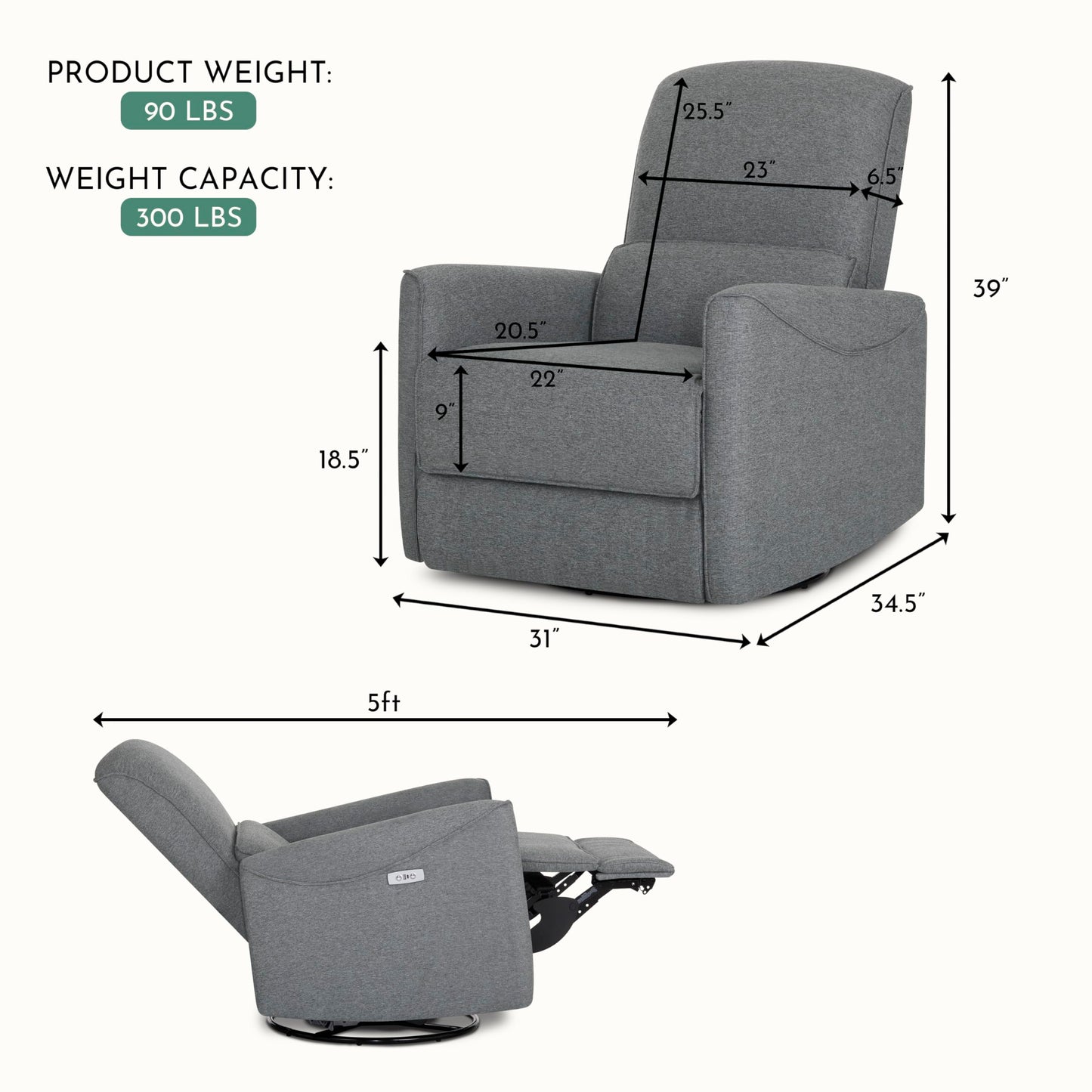 Evolur Belmont Nursery Glider Chair with Massager in Cosmic Grey, Power Recliner with 275° Swivel, Lumbar Support Modern Rocking Chair for Baby Room, Nursery & Living Room