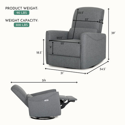 Evolur Belmont Nursery Glider Chair with Massager in Cosmic Grey, Power Recliner with 275° Swivel, Lumbar Support Modern Rocking Chair for Baby Room, Nursery & Living Room