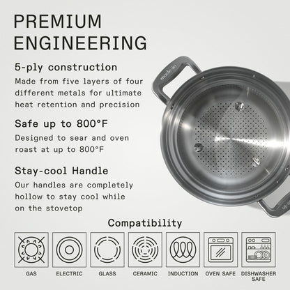 Made In Cookware | 8 Quart Stainless Steel Stock Pot With Lid and Pasta Insert | 5 Ply Stainless Clad | Professional Cookware | Crafted in Italy | Induction Compatible