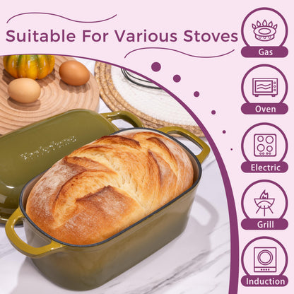 Vanderlume 4.6-Quart Oval Dutch Oven for Bread Baking, 2 in 1 Cast Iron Bread Pan with Lid, Sourdough Baking Pan for a Crispy Crust, Olive