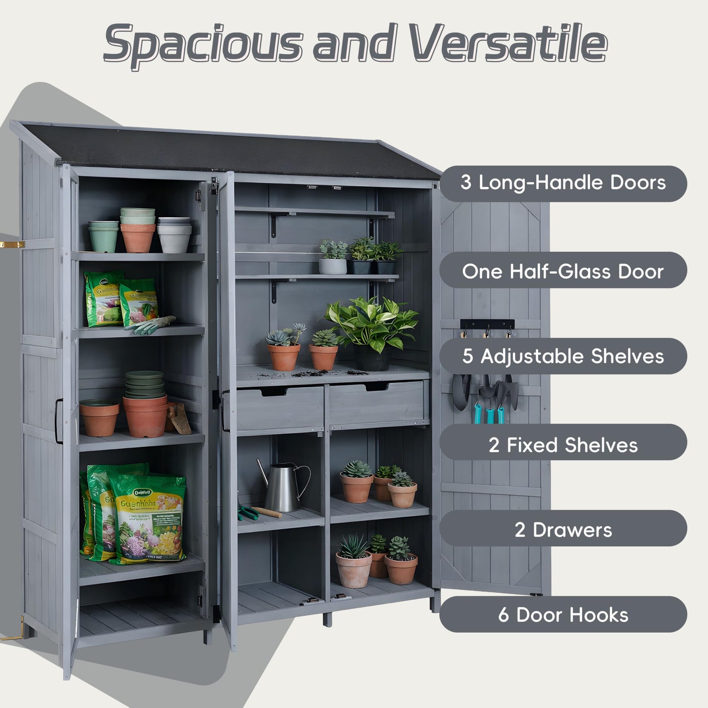 Merax Outdoor Wood Large Garden Storage Shed with Waterproof Roof, Patio 3 Doors Storage Cabinet with Workstation, 7 Storage Shelves, 2 Drawers and 6 Hooks for Backyard, Gray