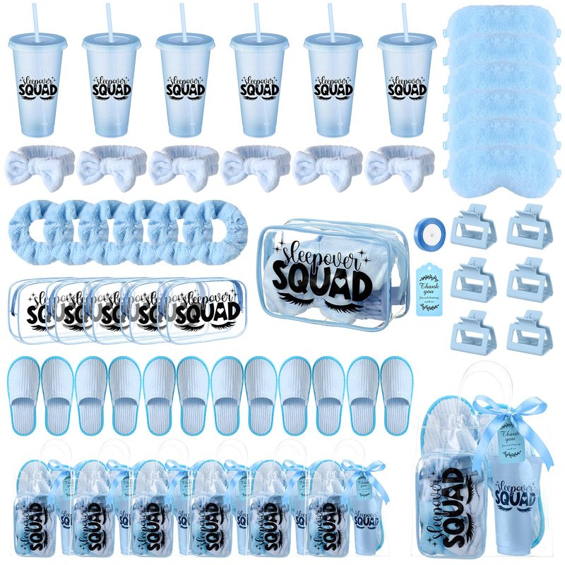 Acellegic 6 Sets Spa Sleepover Party Supplies 6 Pink Cups 6 Spa Headbands 6 Slippers 6 Eye Masks 6 Scrunchies 6 Hair Claws 6 Bags 6 Cosmetic Bag 6 Cards 1 Ribbon for Slumber Party(Blue)