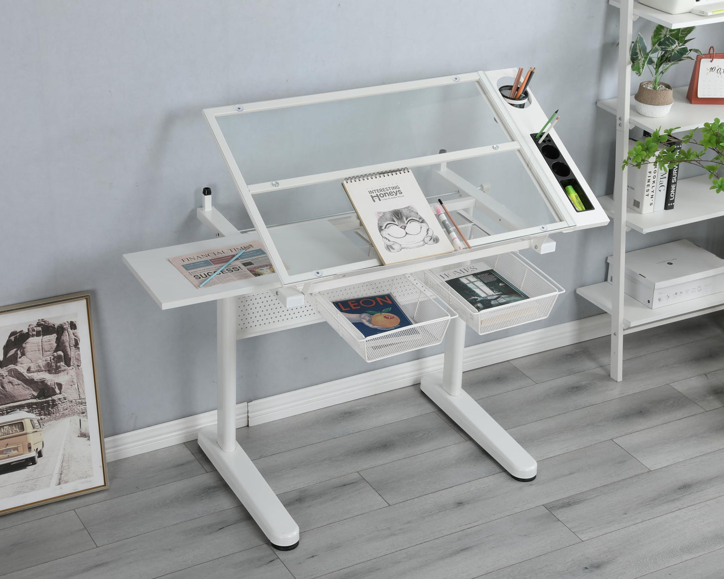 GOWE Hand Crank Adjustable Drafting Table Drawing Desk with 2 Metal Drawers (White) with Stool