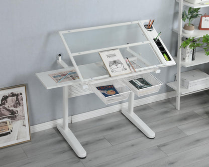 GOWE Hand Crank Adjustable Drafting Table Drawing Desk with 2 Metal Drawers (White) with Stool