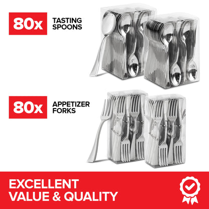160 Pack Silver Plastic Mini Spoons and Forks (4 Inch) – 80 Disposable Tasting Spoons & 80 Appetizer Forks, Mini Utensils for Desserts, Food Samples, Appetizers & Charcuterie Boards