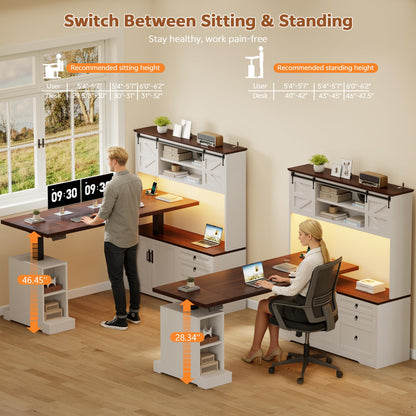 Homiflex 71" L Shaped Electric Standing Desk with Hutch and 3 Drawers, Farmhouse Height Adjustable Sit Stand Desk, Large Corner Computer Desk with File Cabinet, Power Outlets & LED Lights, White