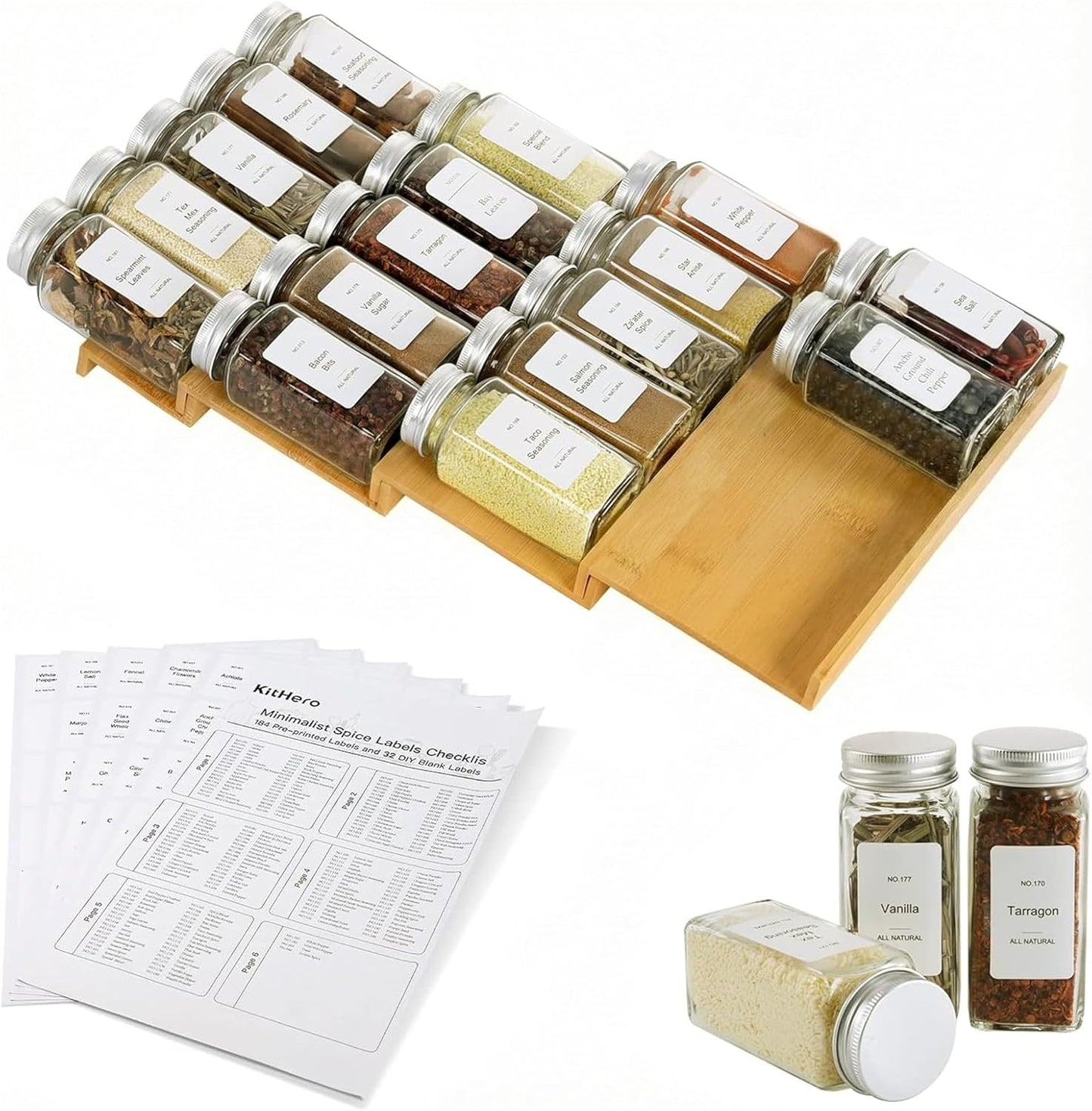 18 Jars,216 Labels,25 4 Drawers,Cabinets,Countertop,9" 15.8" Spice Drawer Organizer with Spice Non-slip Rubber, Bamboo