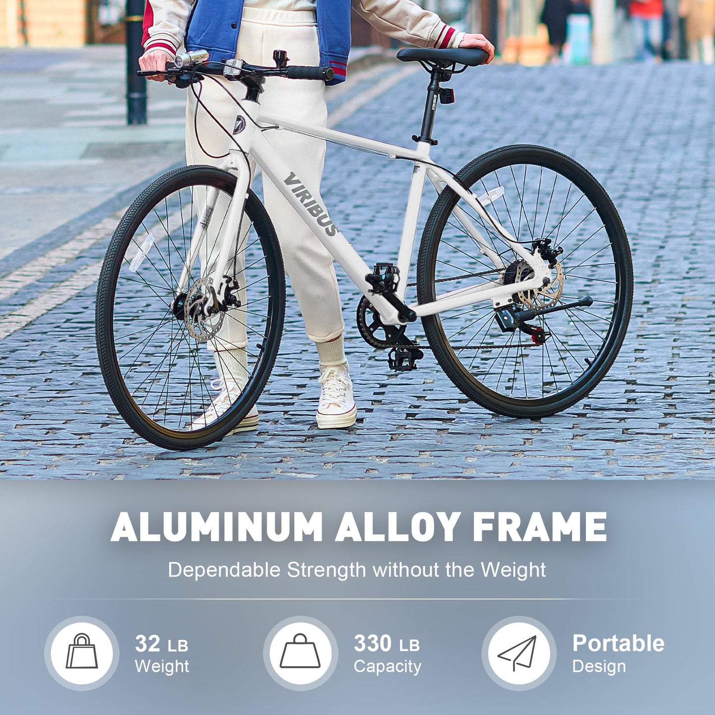 Viribus Hybrid Bikes, 28 inch Road Bike with Lightweight Aluminum Frame for Men, 700C Hybrid Bicycle 7 Speed for Addult Mens City Commuter, White
