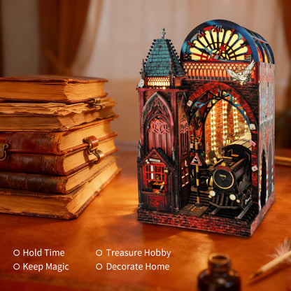 Magic Platform DIY Book Nook Kit Interactive 3D Wood Puzzle LED Magical Miniature with Infinite Mirror Extension Space DIY Bookshelf Insert Decor Gifts Miniature House Magic Express Diorama Scenery