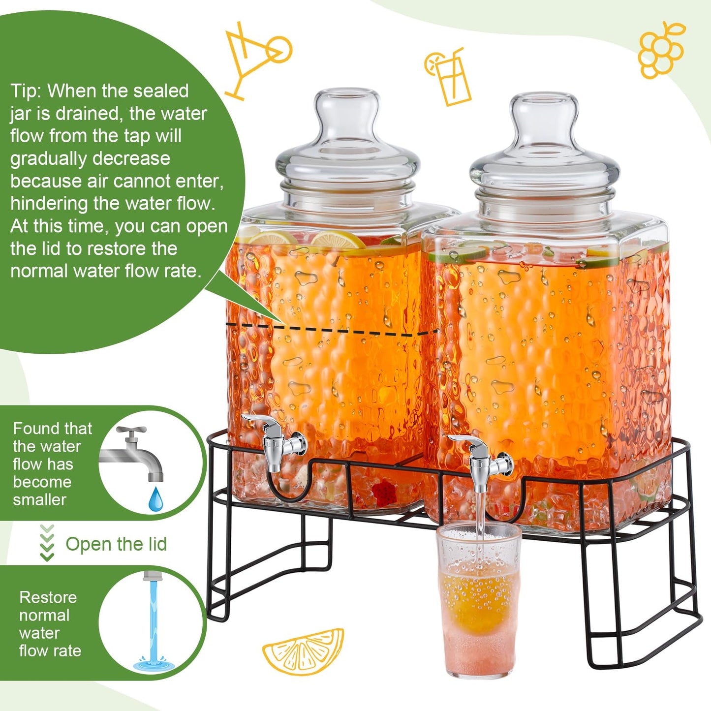 Honeydak 1.5 Gallon Glass Beverage Dispenser with Stand Stainless Steel Spigot Glass Lid Clear Iced Juice Container Leakproof Drink Dispenser Countertop Lemonade Water Jar for Wedding Party (2 Pack)