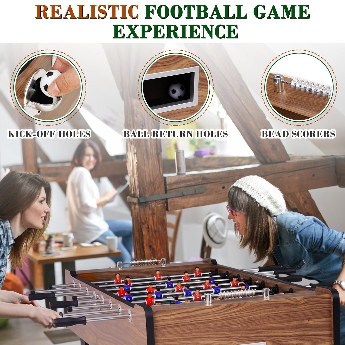 REAHOISY 58 Inch Large Size Foosball Table Adult Size, Full Size Soccer Game Table w/2 Balls, Leg Levelers & Heavy-Duty Legs, Durable Arcade Football Table for Game Room, Home, Office, Party (Brown)