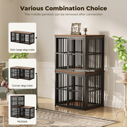 Lyromix 54'' Dog Crate Furniture with Double Rooms,Wooden Crate End Table Heavy Duty Indoor Puppy Cage for 2 Small Dogs, Multiple Units Can be Combined, Rustic Brown