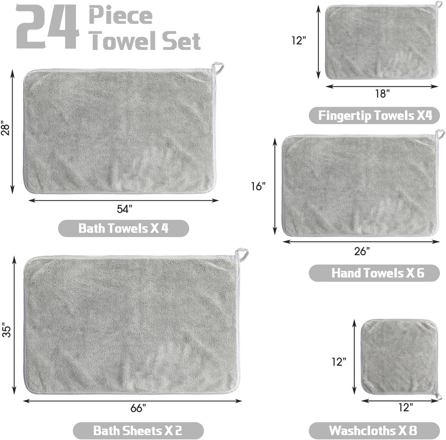 24 Set: 2 4 6 8 4 Mixweer Piece Light Grey Microfiber Absorbent Towel Oversized Bath Sheets, Bath Towels, Hand