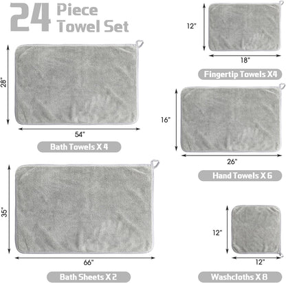 24 Set: 2 4 6 8 4 Mixweer Piece Light Grey Microfiber Absorbent Towel Oversized Bath Sheets, Bath Towels, Hand