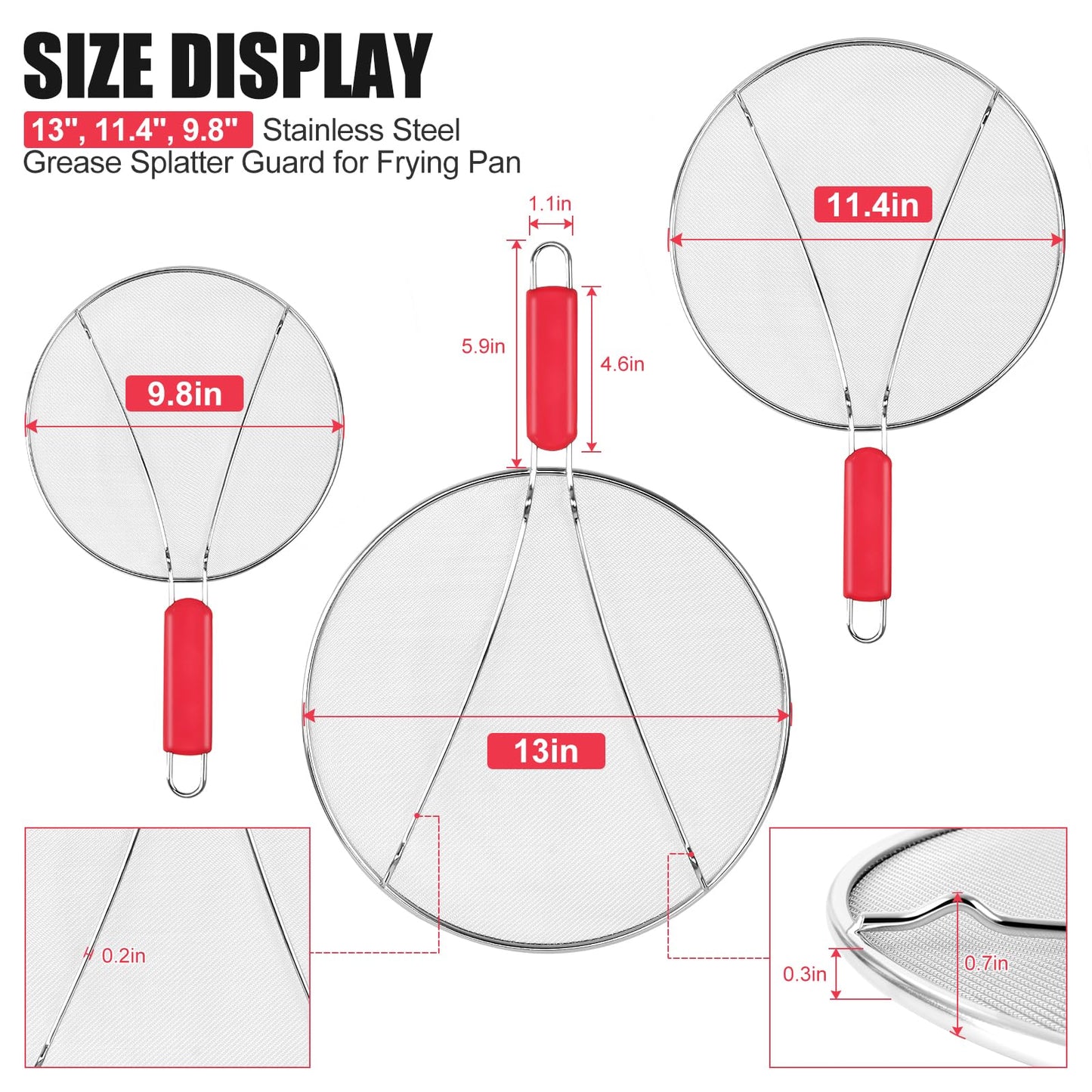 Stainless Steel Splatter Screen for Frying Pan - 9.8" 11.4" 13" Ultra Fine Mesh Grease Splatter Guard, Hot Oil Splatter Guard Shield Grease for Cooking, Kitchen Splash Guard to Prevent Oil Splatter