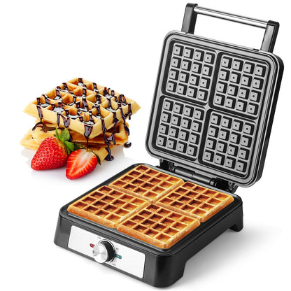 UVFAST Waffles Maker Waffle Iron, 4 Belgian Square Waffle Maker, Belgian Waffle Maker Thick with Non-stick Plate, Breakfast Waffle Machine Make Waffle in Minutes, 3 Browning Level, 1200W