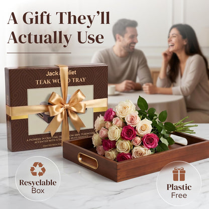Jack & Juliet Teak Wood Ottoman Tray – Large Wooden Multifunctional Tray with Real Brass Handles - Non Slip Base in Food-Safe Finish - Gift-Ready Packaging for Coffee Table and Home Decor (Walnut)