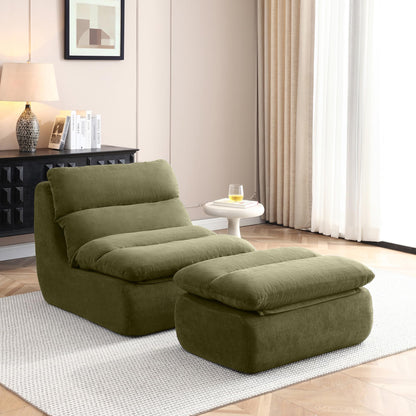 KEIKI 32" Bean Bag Chair with Ottoman, Upholstered Chaise Lounge Chair with High Density Foam, Tufted Lazy Sofa for Living Room, Bedroom (Green)