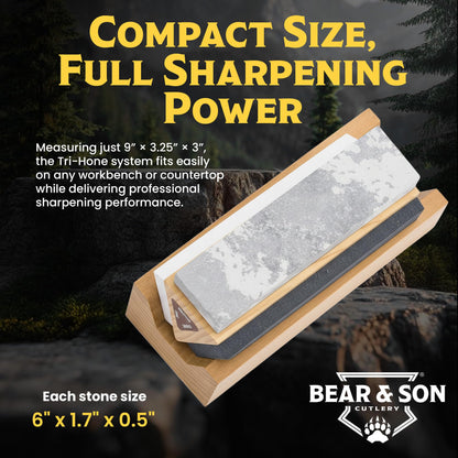 Gatco Arkansas Tri-Hone Sharpening Stone System – 3 Grit Knife Sharpening Kit with Soft, Medium & Coarse Stones, Honing Oil & Wood Base for Knives, Chisels, Blades, Straight Razors & Outdoor Tools