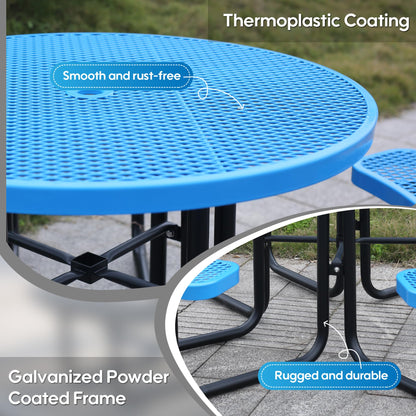 Sunnibety 8-Person Picnic Tables for Outdoors, Industrial 46" Expanded Metal Round Picnic Table with 4 Benches & Umbrella Hole, Outside Table and Bench Set for Park, Garden, Backyard, Patio, Blue