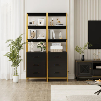 HITHOS 4-Tier Bookshelf, Tall Bookcase with 3 Wooden Drawers, Modern Ladder Book Shlef Storage Organizer for Living Room, Entryway, Office, Black Gold, 2 PCS