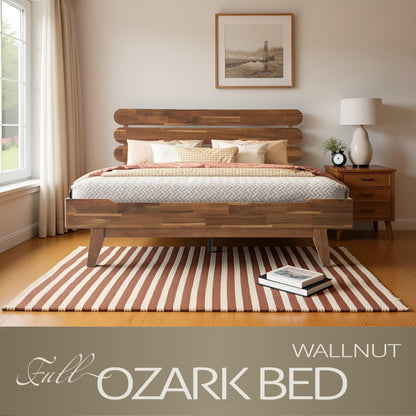 Full Size Solid Wood Platform Bed Frame, Headboard & Footboard, 12 Heavy-Duty Slatted Base, Center Metal Legs, Easy Assembly, No Box Spring Needed, Anti-Slip & Noise-Free, Walnut Finish OZF-37