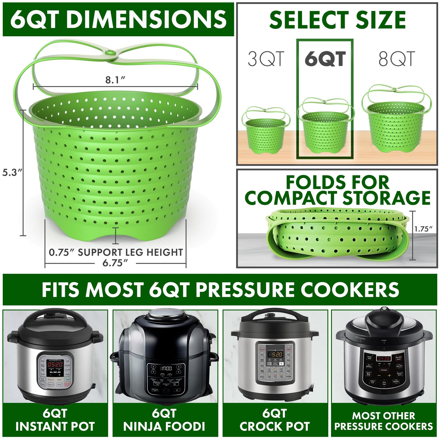 Avokado Silicone Steamer Basket for 6qt Instant Pot [3qt, 8qt avail], Other Pressure Cookers - 100% Food Safe, BPA-Free, Dishwasher Safe Collapsible Vegetable Steamer Basket & Strainer