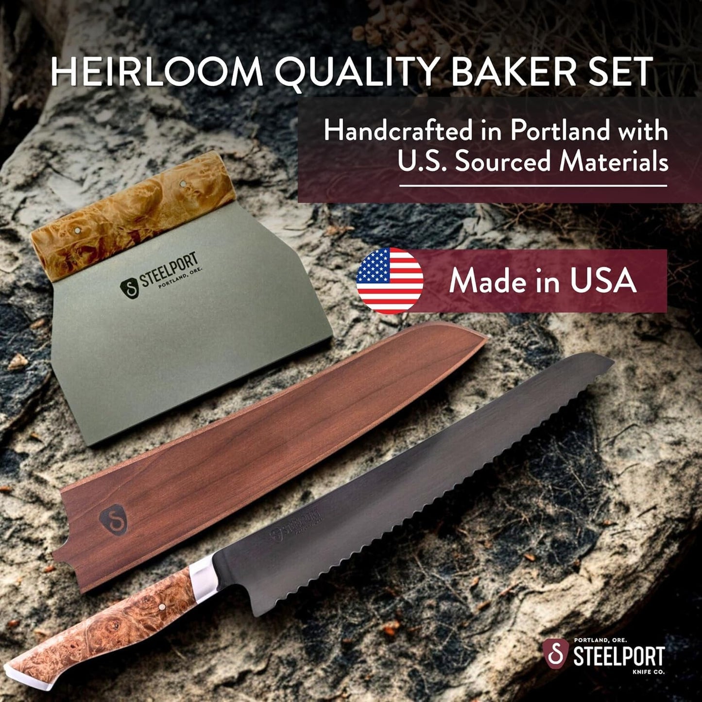 STEELPORT Sourdough Tool Set (3 Pcs.) – 10” Carbon Steel Serrated Bread Knife, Stainless Steel Bench Scraper & Wooden Sheath | Professional Artisan Baking Kit for Homemade Bread, Made in USA