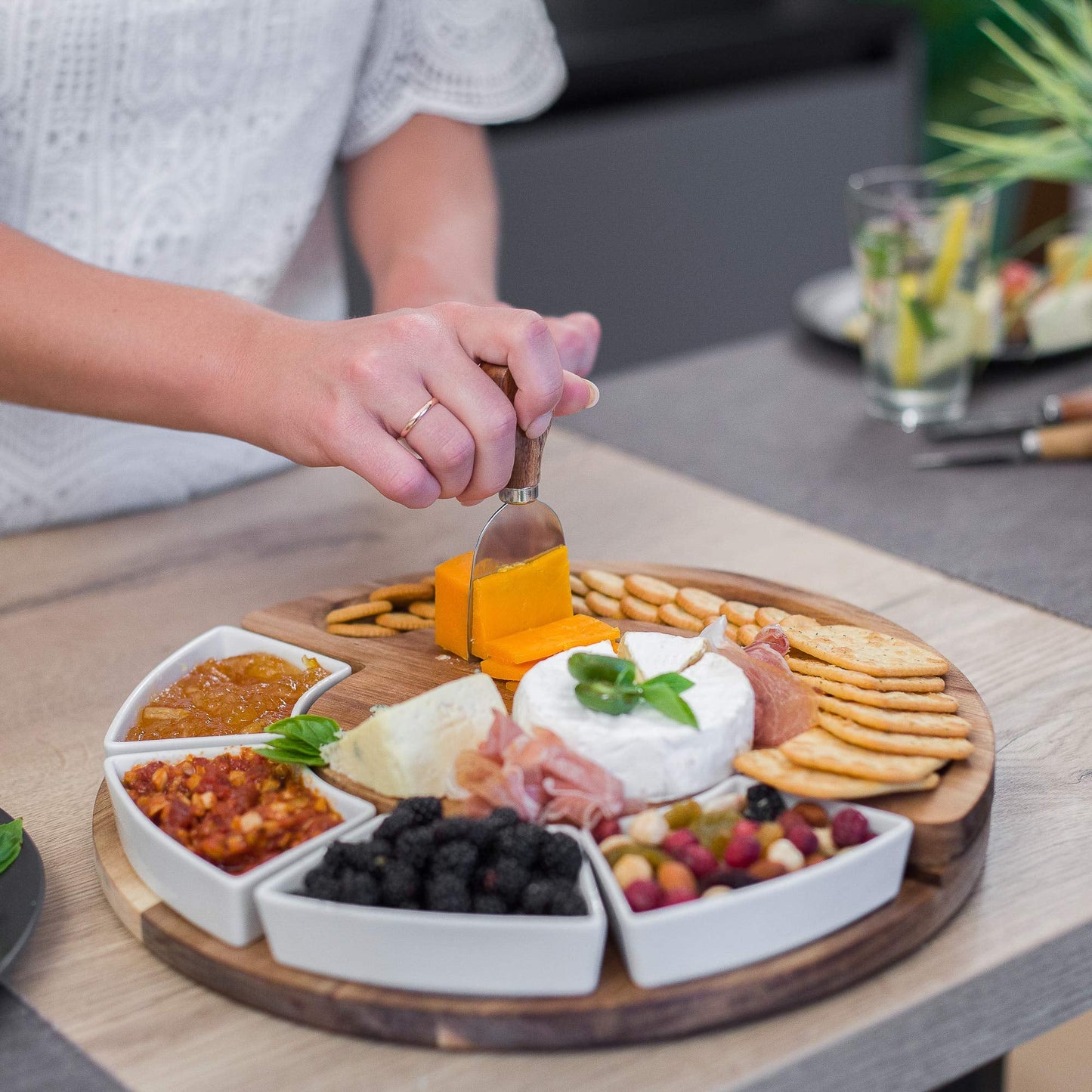 ChefSofi Charcuterie Board Set and Cheese Serving Platter - Made from Acacia Wood - US Patented 13 inch Cheese Board and Knife Set for Entertaining and Serving - 4 Knives and 4 Bowls